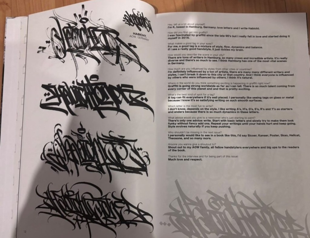 Open book featuring black-and-white graffiti lettering sketches on one page and an artist interview on the other