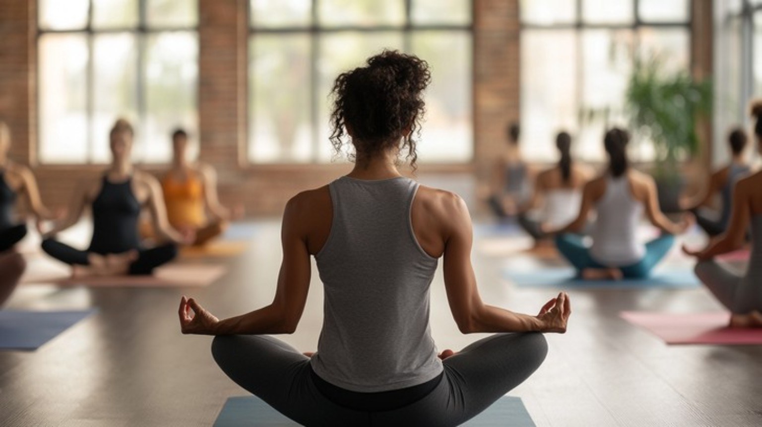 Person meditating with a yoga class in a bright studio